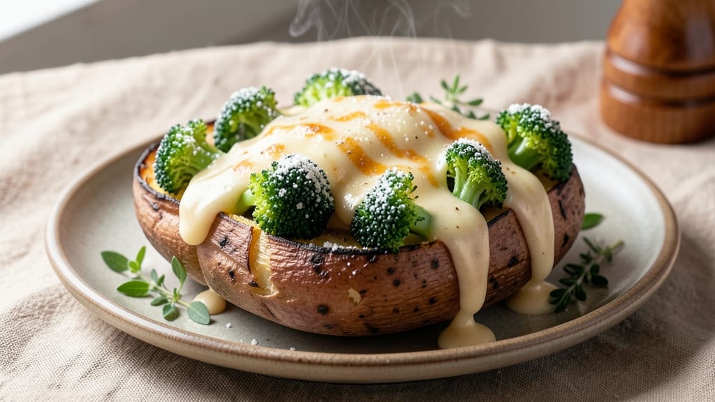Baked Potato with Broccoli and Cheese Sauce Recipe: Crispy Skins and Melty Topping Trio