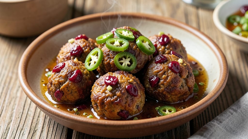 Amylu Cranberry Jalapeño Meatballs Sauce Recipe: Spiced Sweet Heat With Celery Crown Crunch