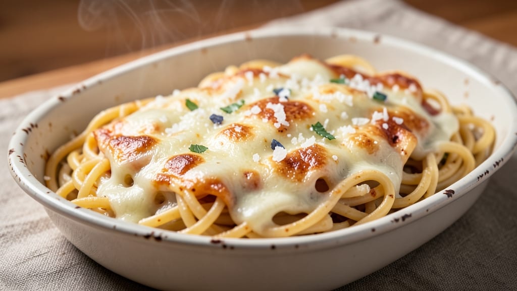 Baked Spaghetti Recipe with White Sauce: Cheesy Crisp-Top Comfort in One Pan
