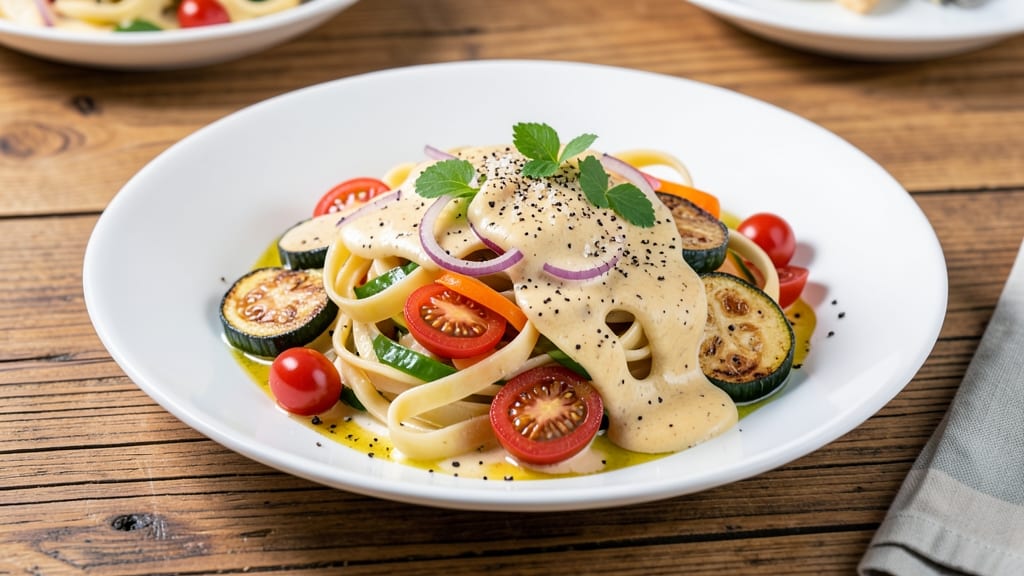 Alfredo Sauce Pasta With Vegetables Recipe: Creamy Parmesan Ribbon Noodles With Roasted Veggies