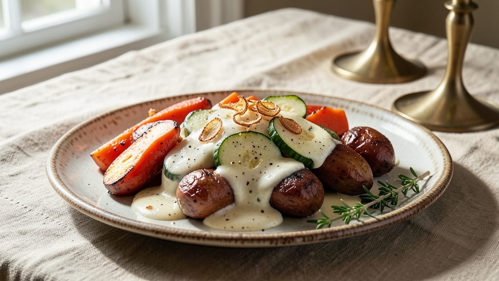 Baked Vegetables in White Sauce Recipe: Velvety Cheese Sauce Hugs Roasted Roots